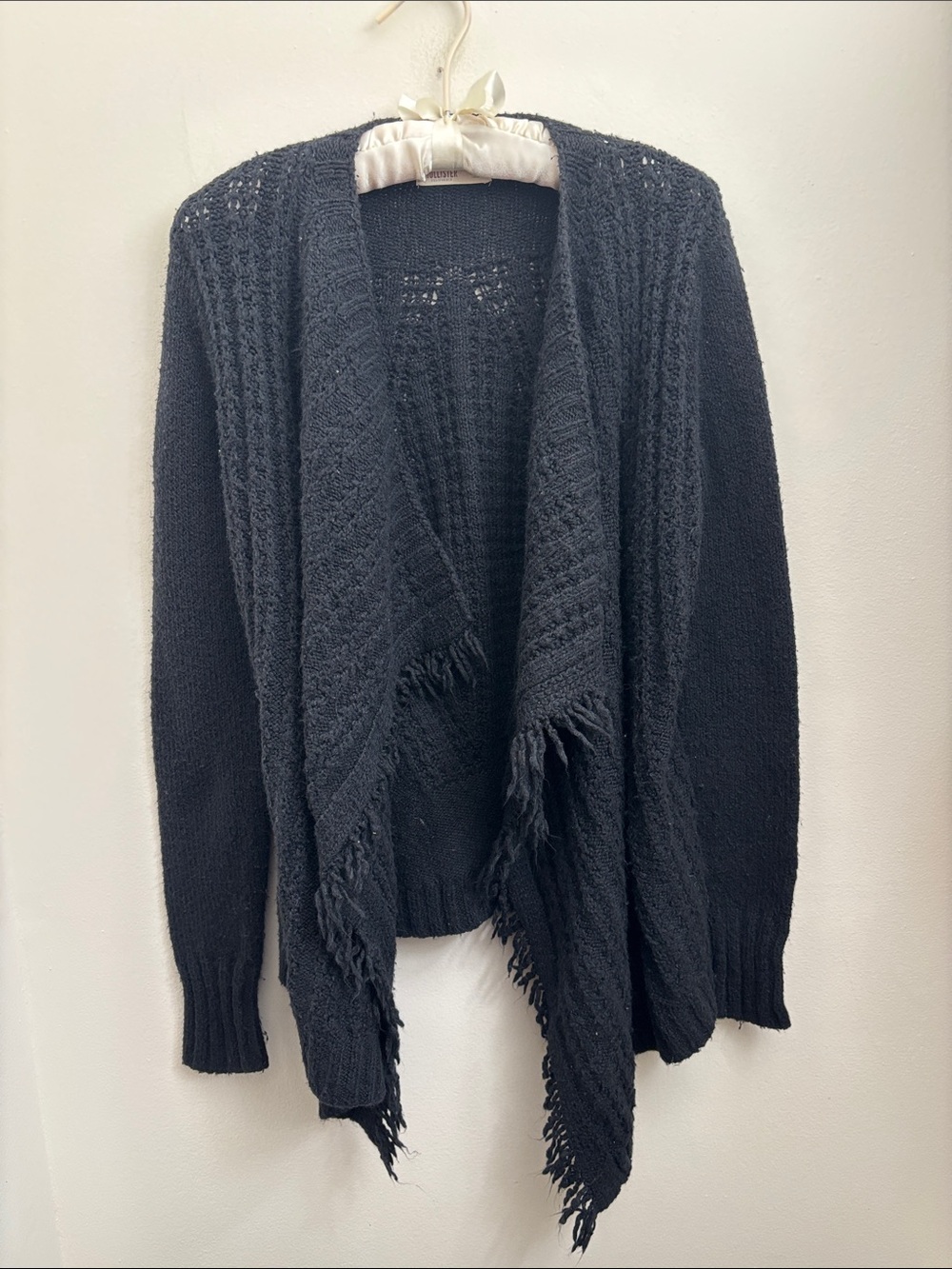 Hollister Black Open-Front Fringe Knit Cardigan
